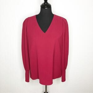 Lafayette 148 maroon wine red puff shoulder v neck top size Small